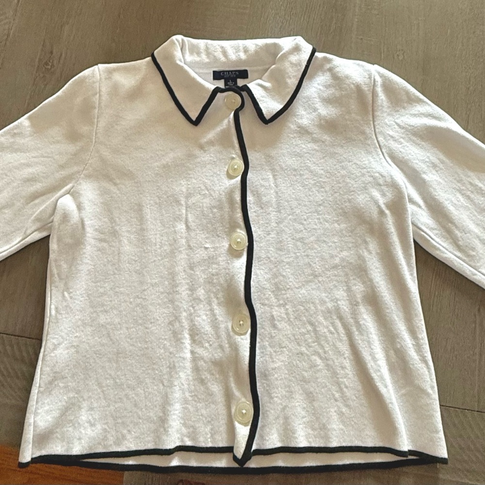 Chaps White Cardigan with Black Trim